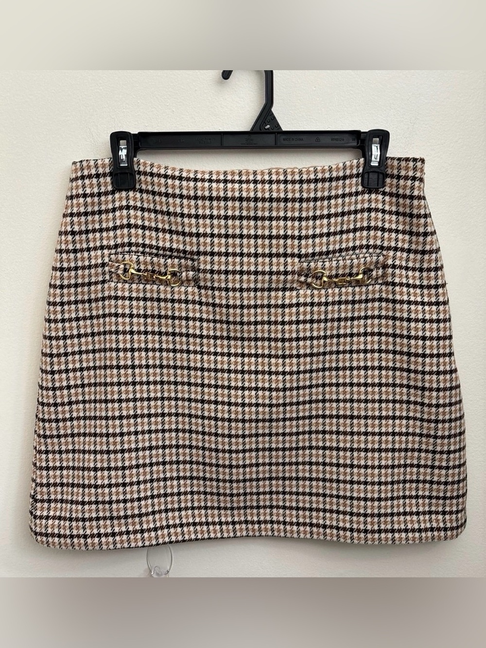 LOFT Brown and Cream Houndstooth Mini Skirt with Gold Chain Accent